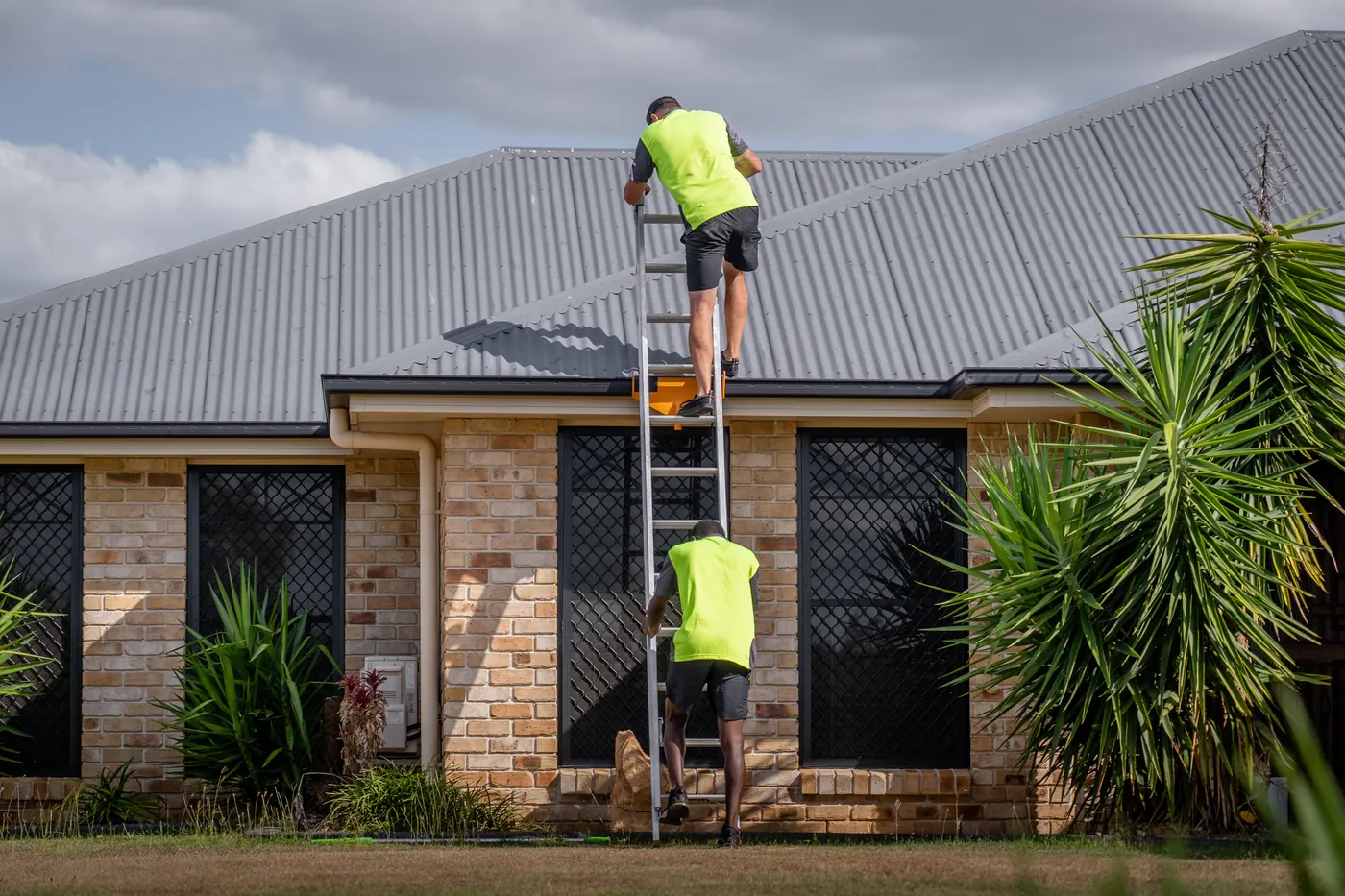 Inspectors accessing a roof by ladder